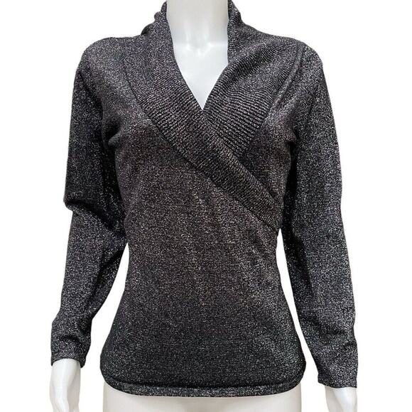 REBA - BLACK & SILVER METALLIC LONG SLEEVE WRAP SWEATER SZ L - Picture 4 of 7